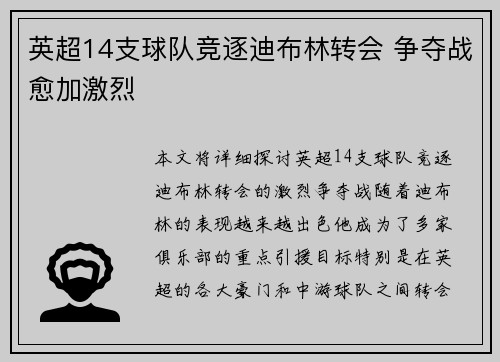 英超14支球队竞逐迪布林转会 争夺战愈加激烈 英超14支球队竞逐迪布林转会 争夺战愈加激烈