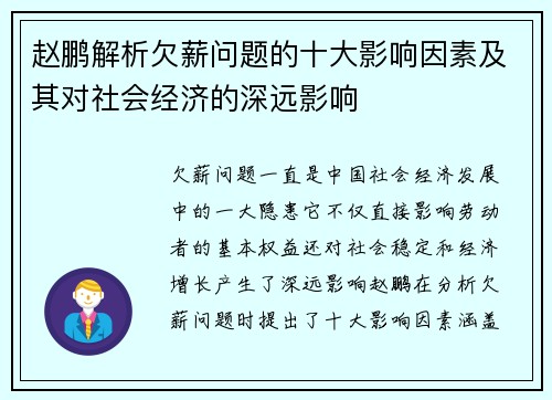 赵鹏解析欠薪问题的十大影响因素及其对社会经济的深远影响 赵鹏解析欠薪问题的十大影响因素及其对社会经济的深远影响